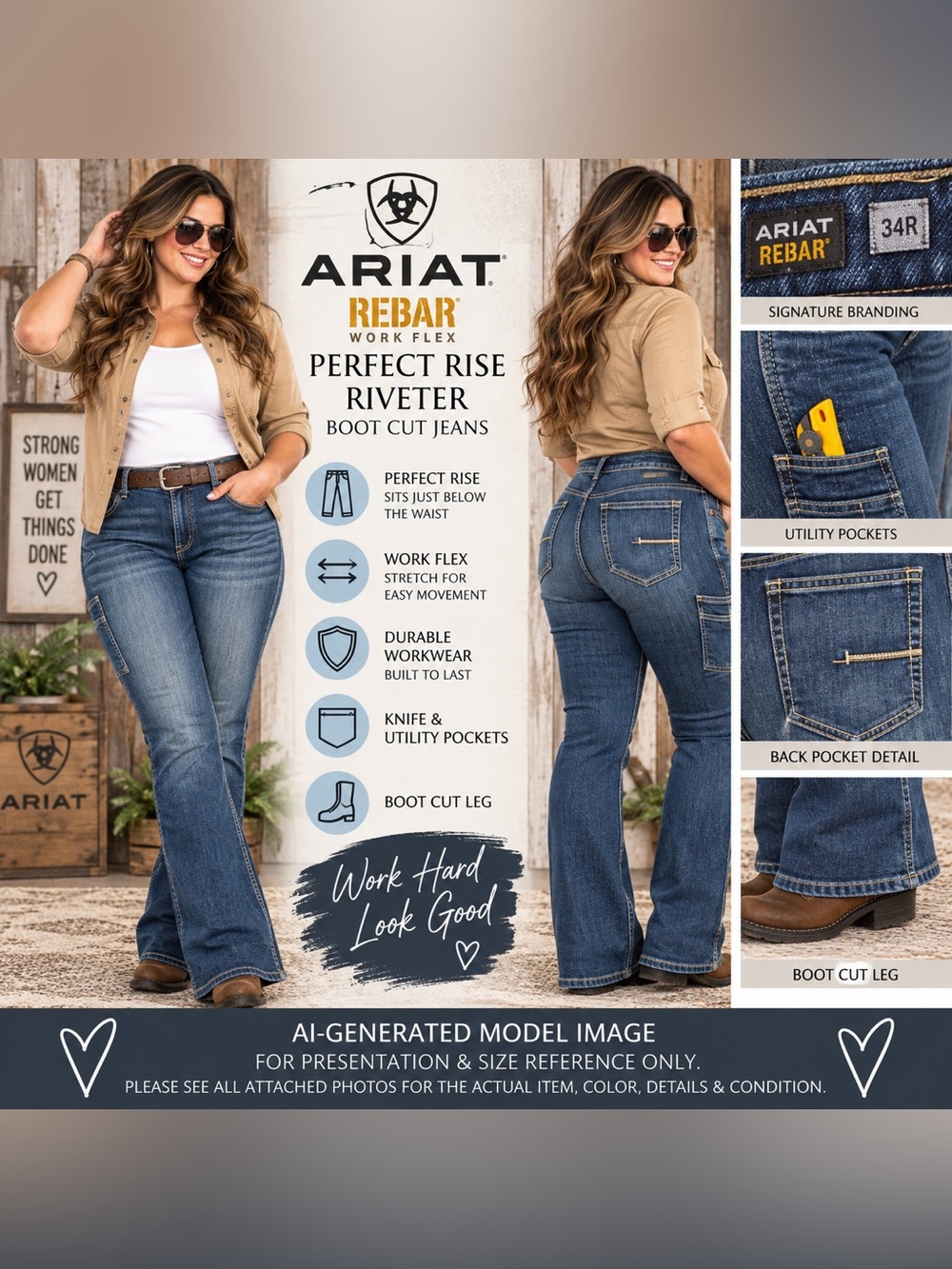 Ariat Rebar Work Flex Riveter Bootcut Work Jeans Pilar 34R